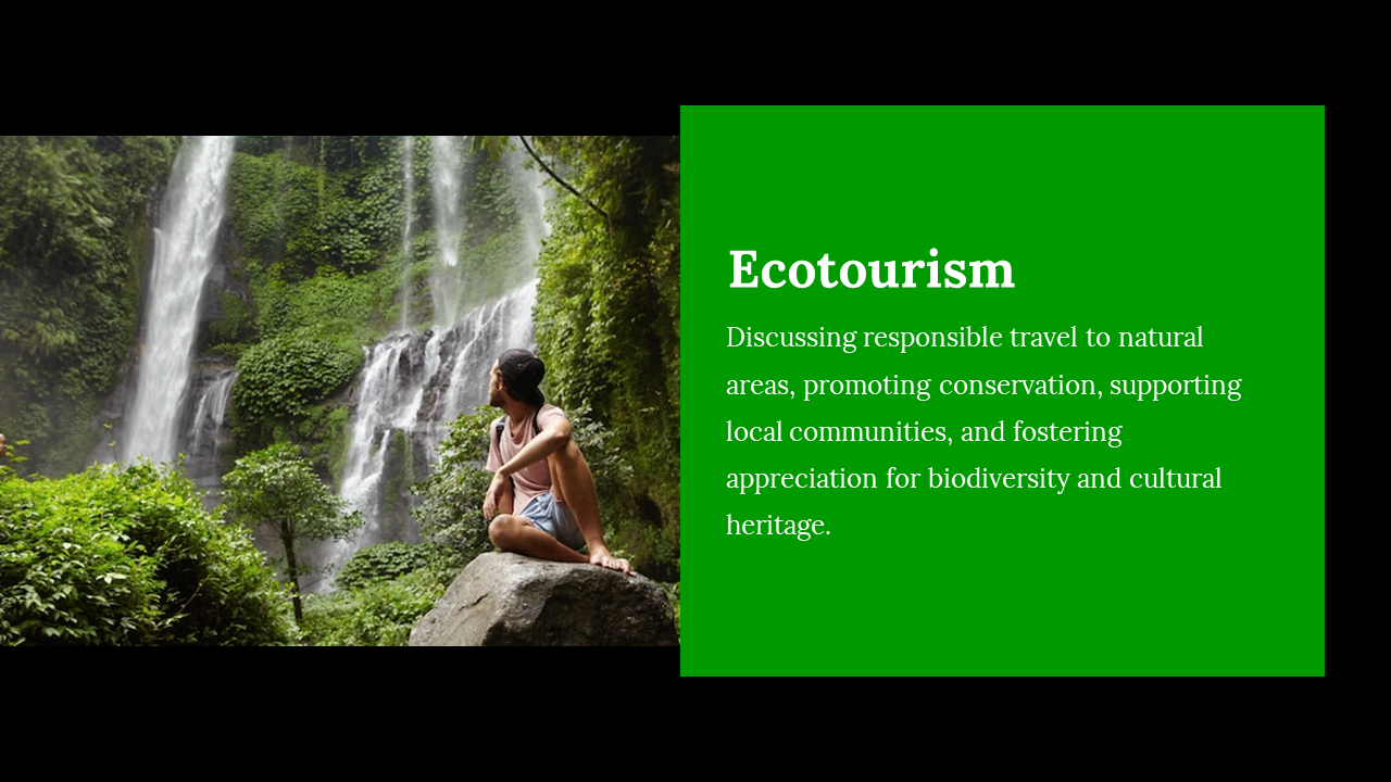 Split layout with a nature scene showing a person sitting near a waterfall, and a green text box on the right.