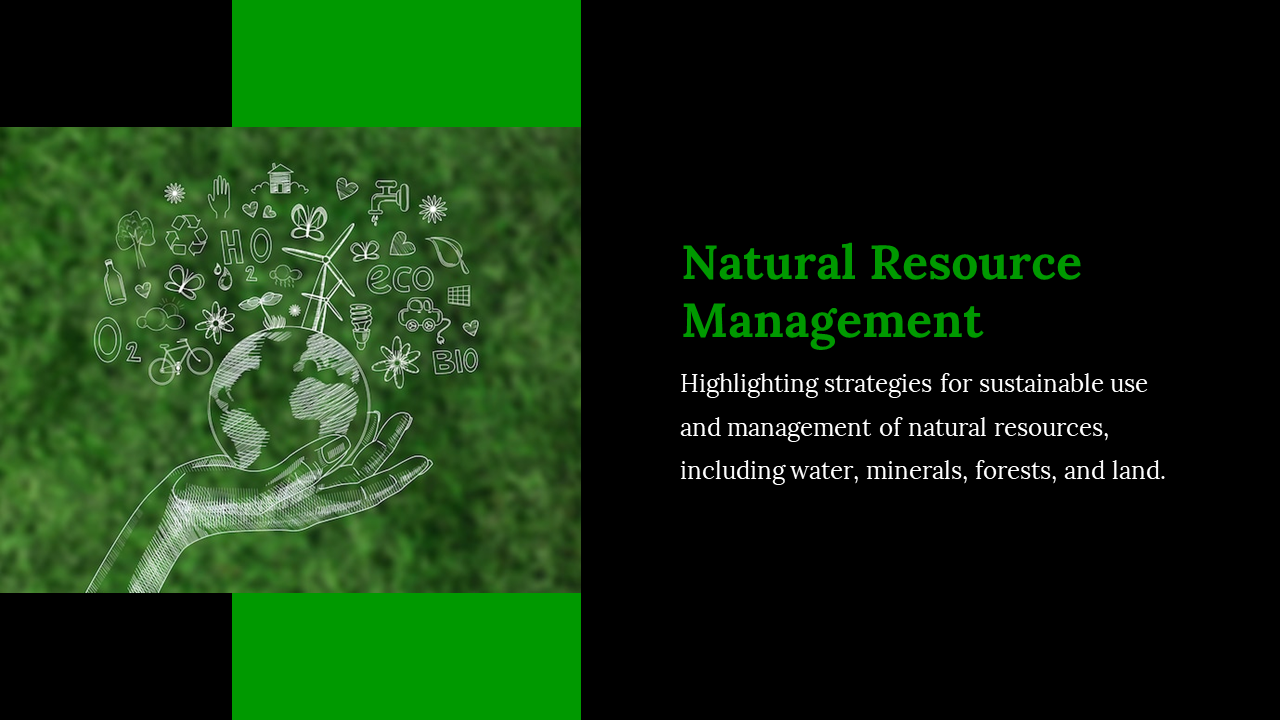 Split layout with a green and black theme, featuring an illustrated eco hand holding Earth with sustainability icons.