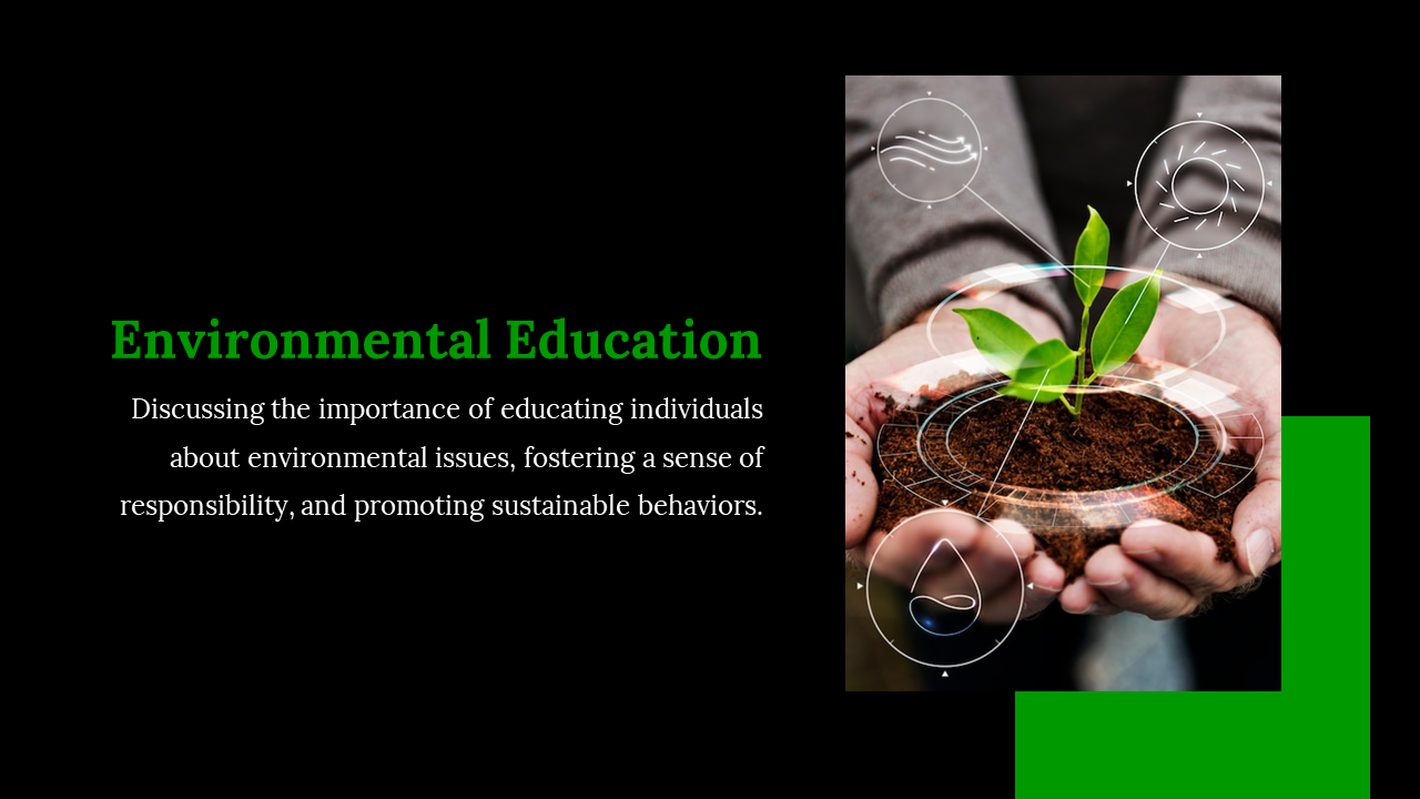 Split layout with green text on the left black backdrop, and an image of hands holding soil with a young plant on the right.