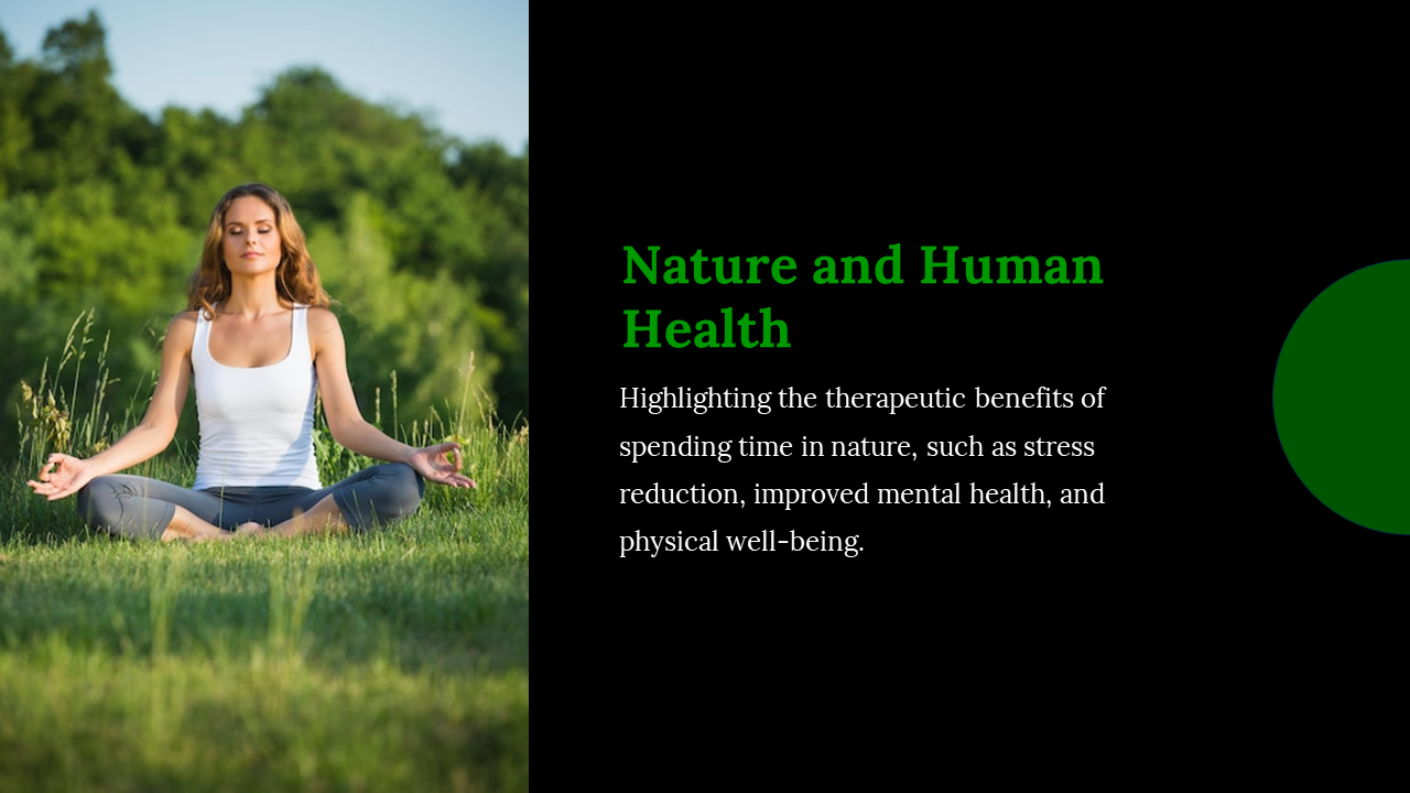 Split layout with a serene image of a woman meditating in nature on the left and green text on a black background.