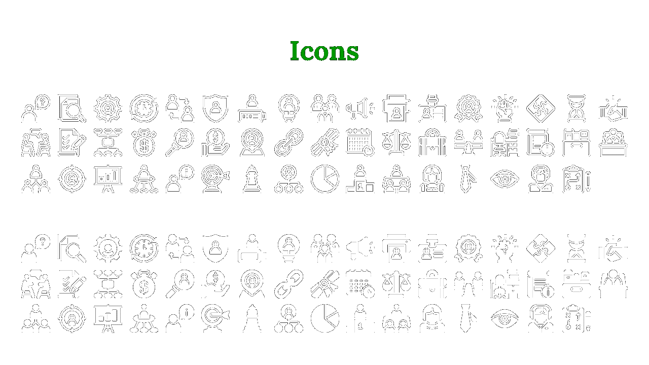 Professional slide with a black backdrop, green title, and neatly arranged icons in outlined and filled styles.