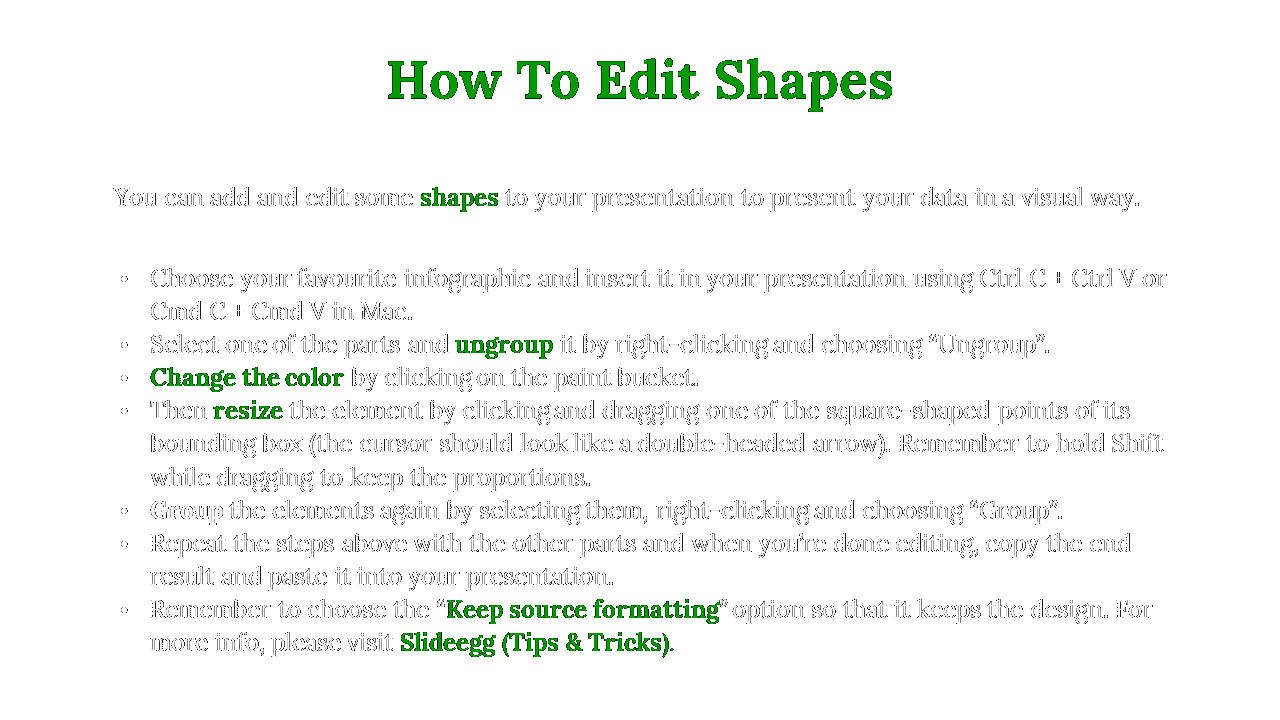 Slide with a dark background, green and white text, and bullet points detailing steps for shape customization.