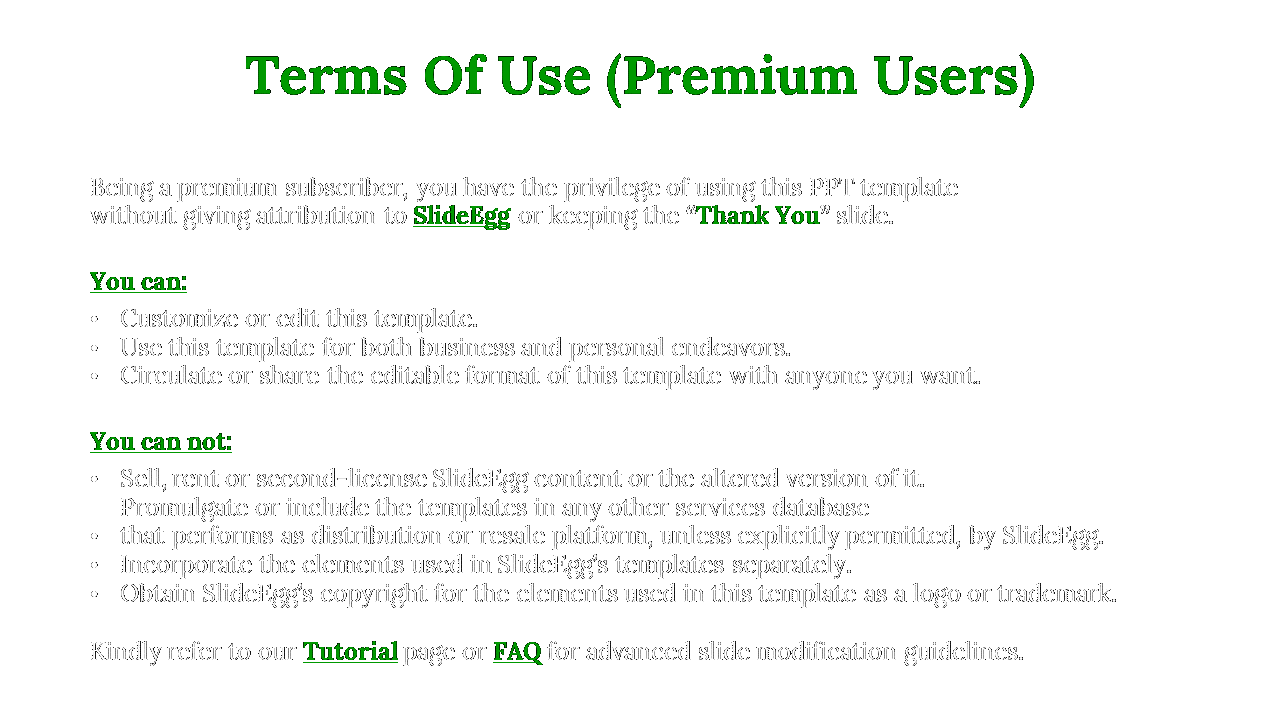 Black background slide with green and white text outlining terms of use for premium users, listing allowed and restrictions.