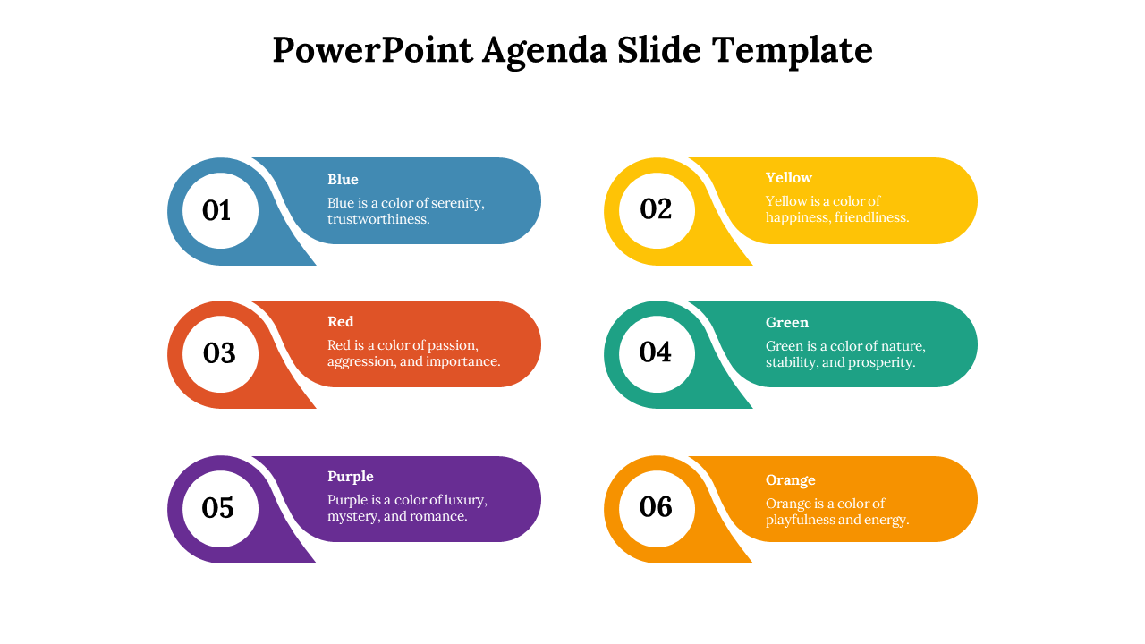 Colorful agenda PPT slide with six numbered sections, each describing a different color and its meaning on a white backdrop.