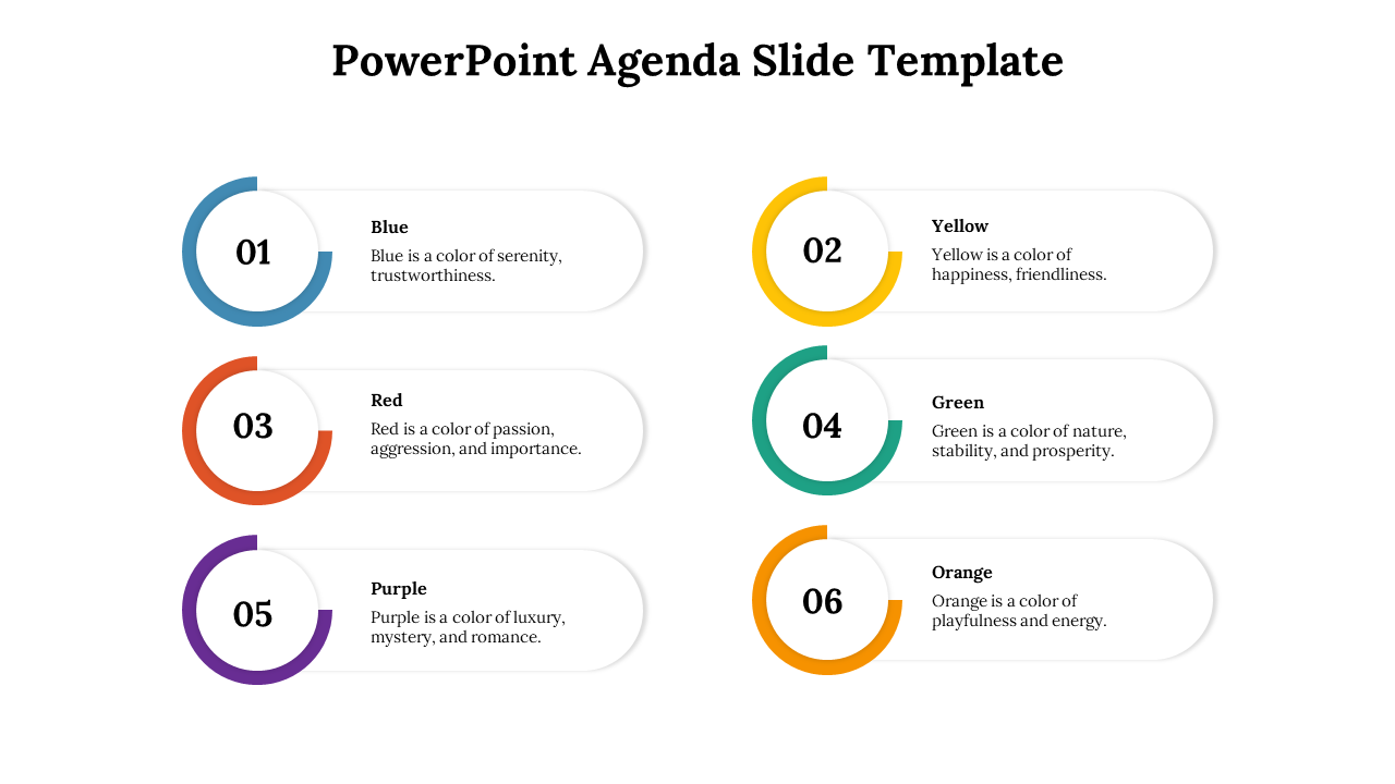 Agenda PowerPoint slide featuring six sections, each representing a color and its meaning, with circular design elements.