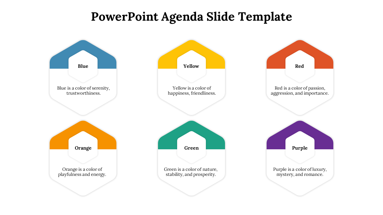 Agenda PPT slide with 6 hexagonal sections from blue, yellow, red, orange, purple, and green each labeled with its meaning.