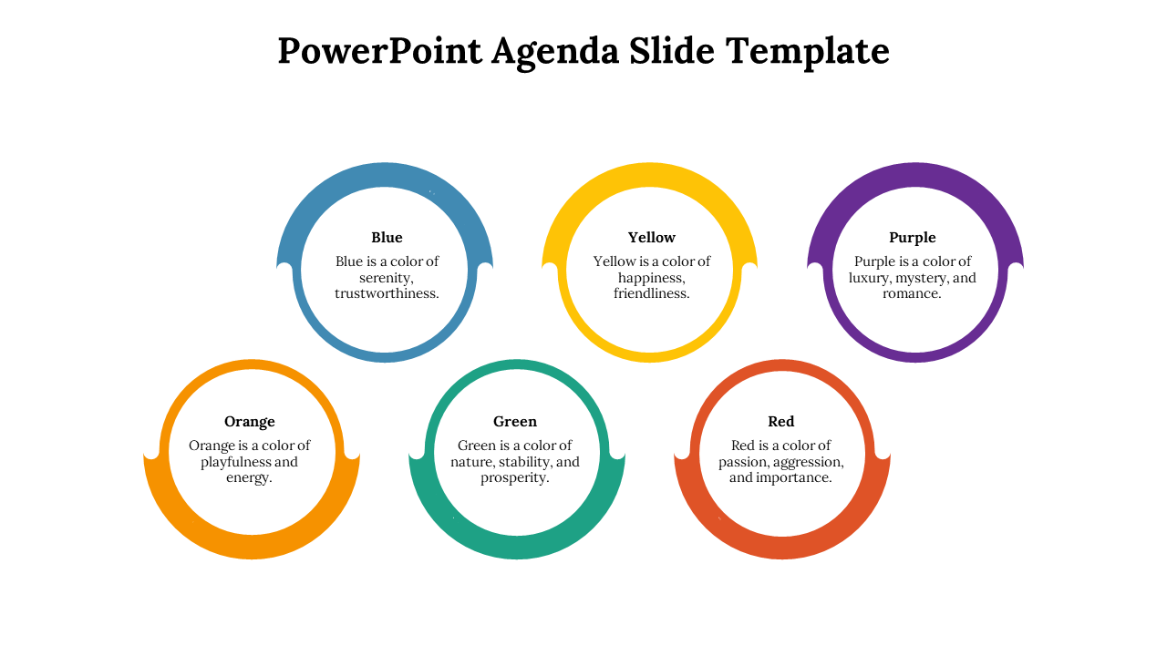 Agenda PowerPoint slide featuring six circular sections, each with a color and its associated meaning on a white backdrop.