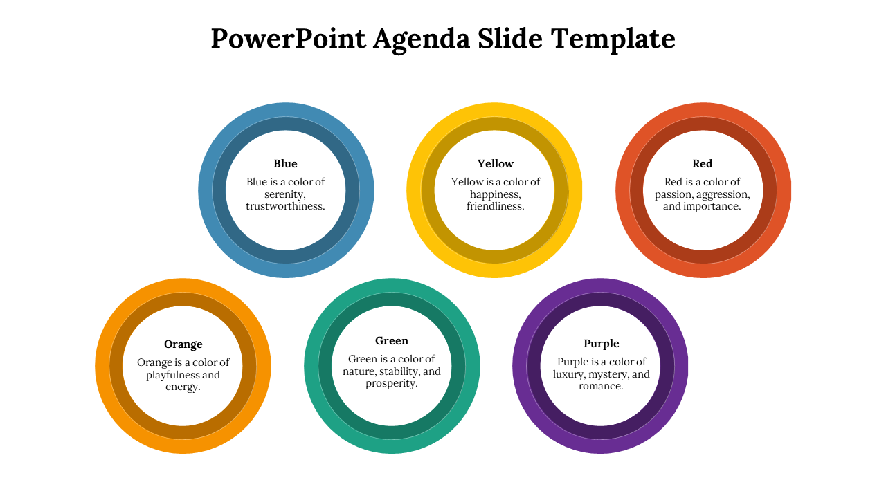 Agenda PPT slide showing 6 circular color coded sections with descriptions for blue, yellow, red, orange, green, and purple.