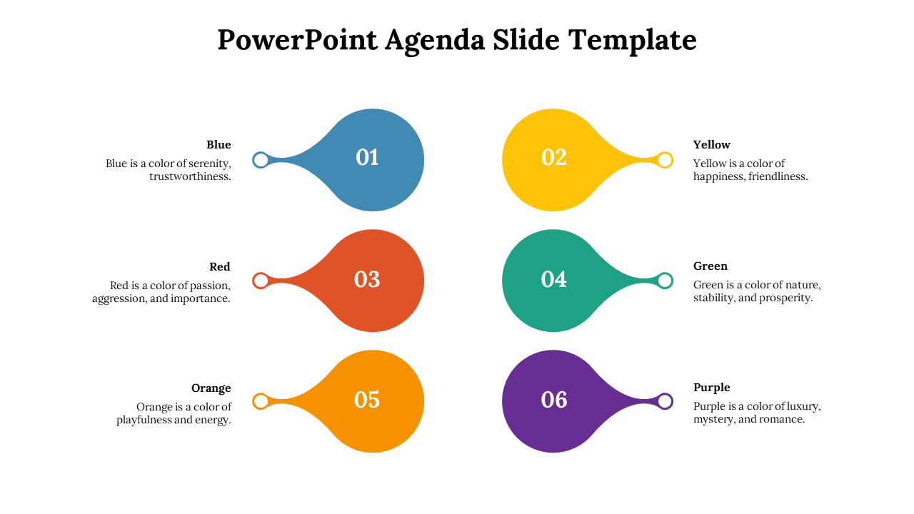 Agenda PowerPoint slide featuring six droplet shaped sections, each with a color and its meaning on a white backdrop.