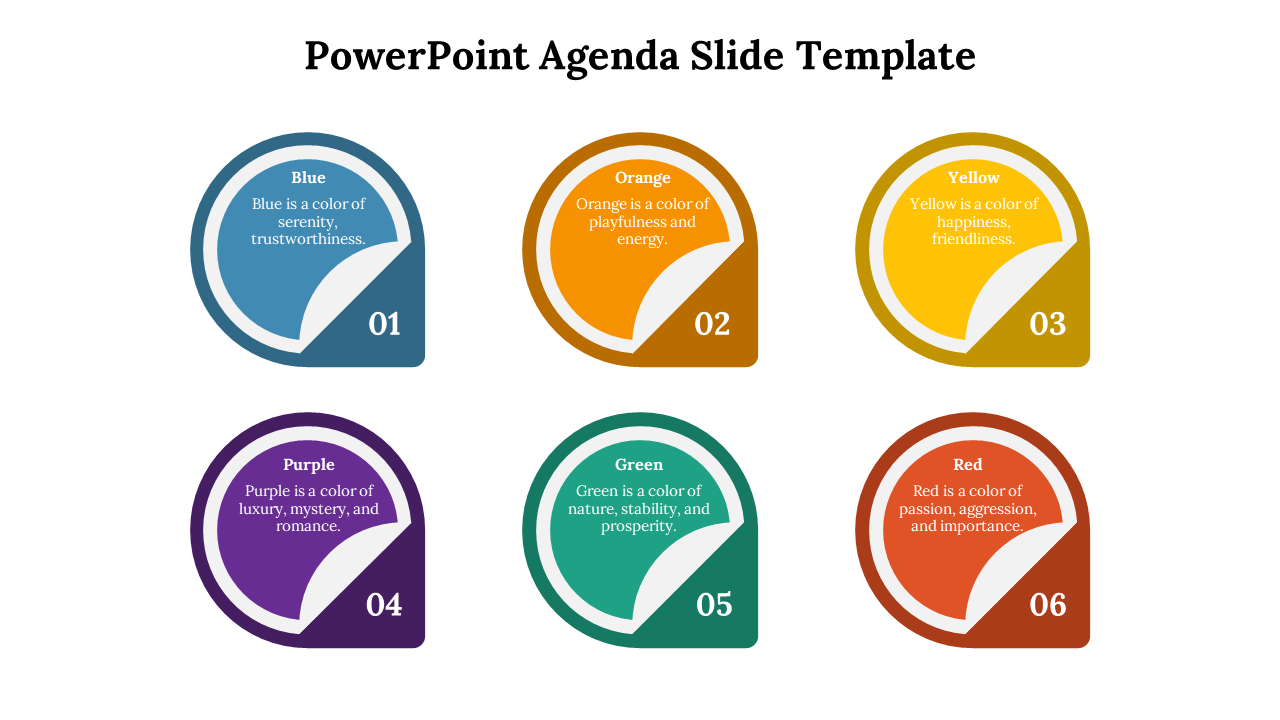 Agenda slide with 6 rounded, color coded sections, each describing a color's meaning, including blue, yellow, and red.