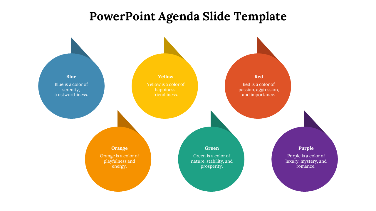 Agenda slide featuring 6 circle sections with descriptions for each color like blue, yellow, red, orange, green, and purple.