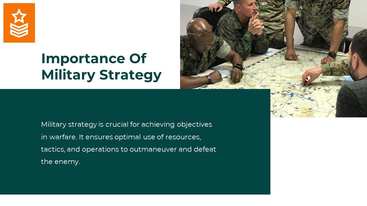 Military personnel gathered around a map, discussing strategies to achieve military objectives on a green and white theme.