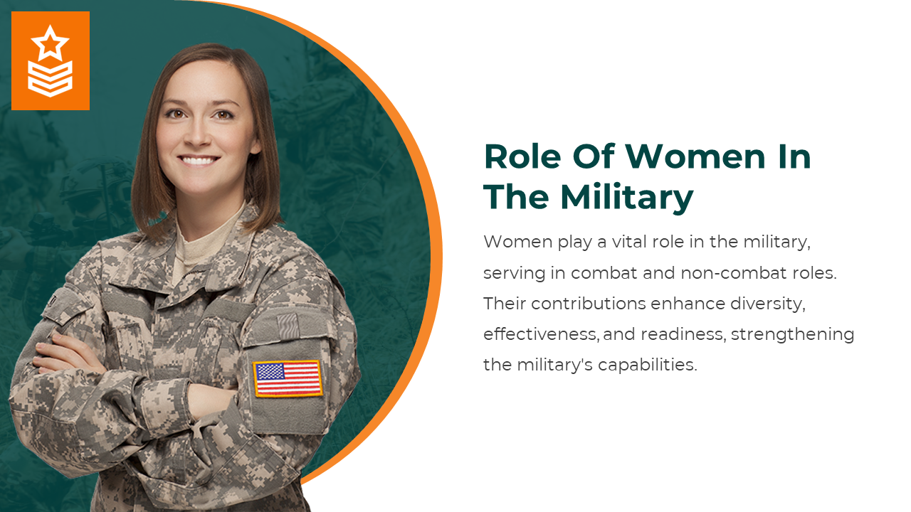 Female soldier smiling and posing confidently in military uniform, representing the vital role of women in the armed forces.