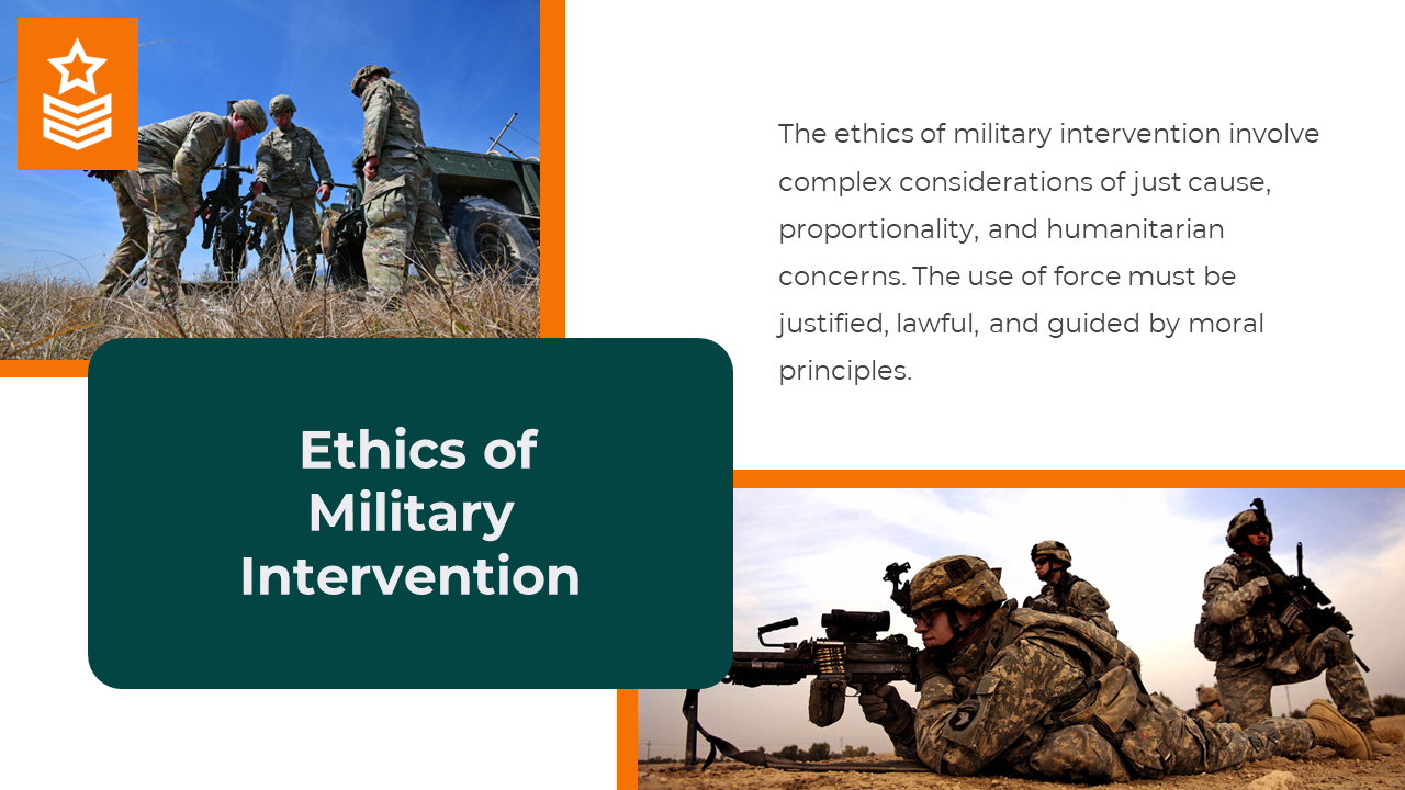 Military teams discuss strategic planning emphasizing the importance of ethics in military intervention and the use of force.