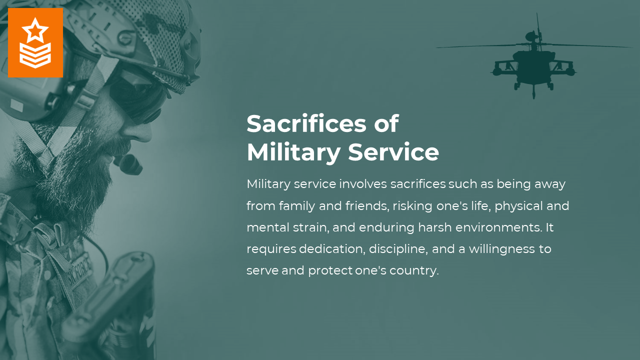 A soldier equipped for combat, representing the sacrifices of military service on a green backdrop with a helicopter.