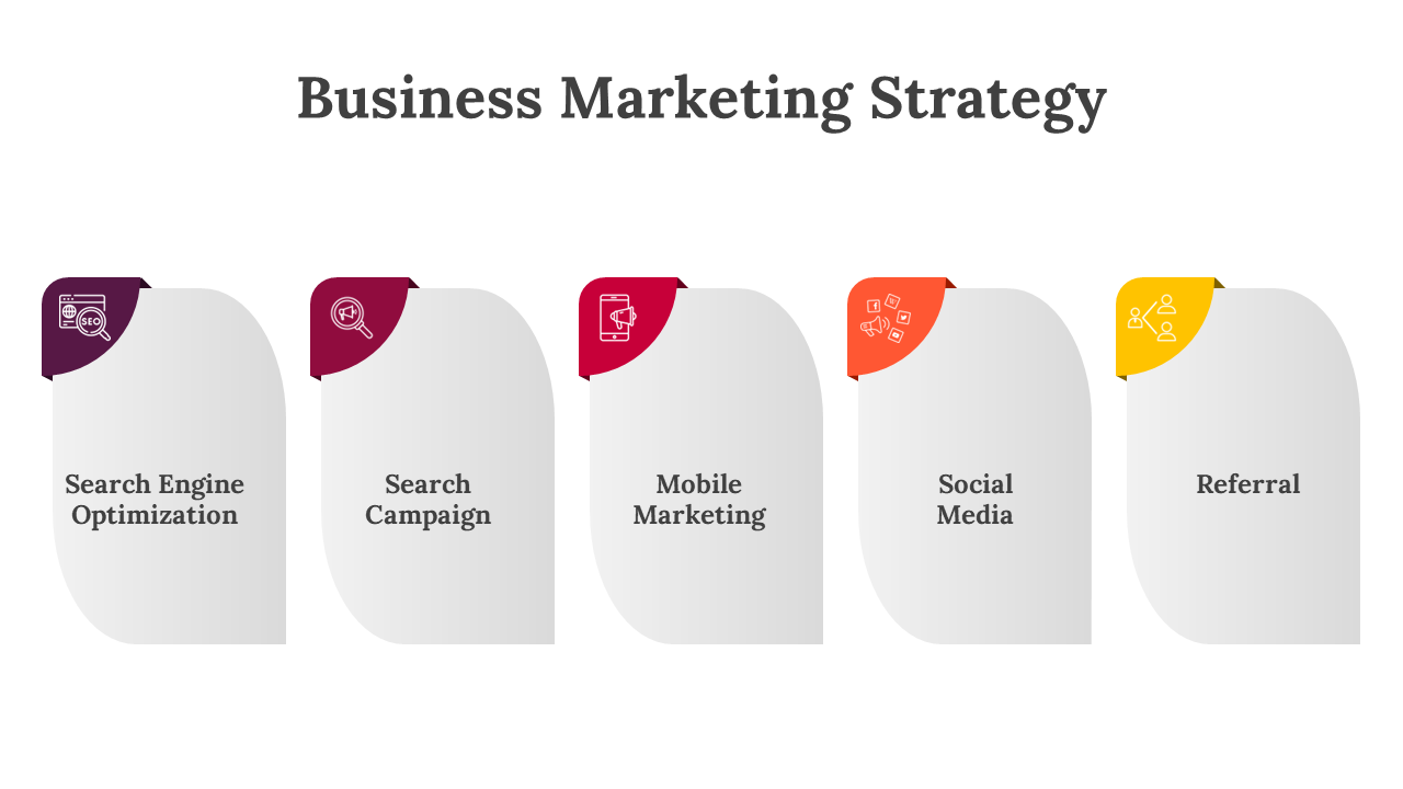 Slide with five gradient gray boxes representing marketing strategies, each with a colored tab and icon at the top.