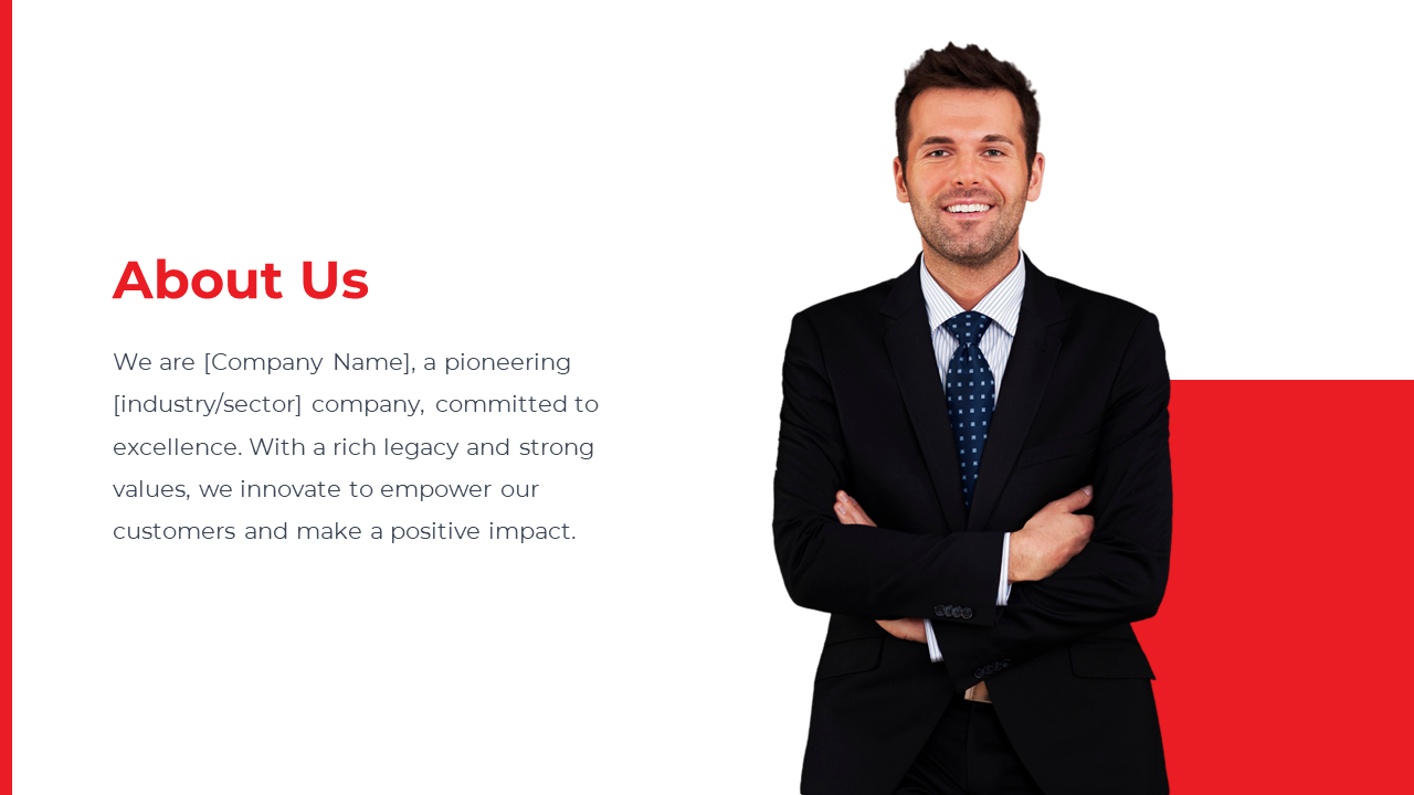 About us slide featuring a confident businessman in a black suit, smiling with arms crossed, and red accents.