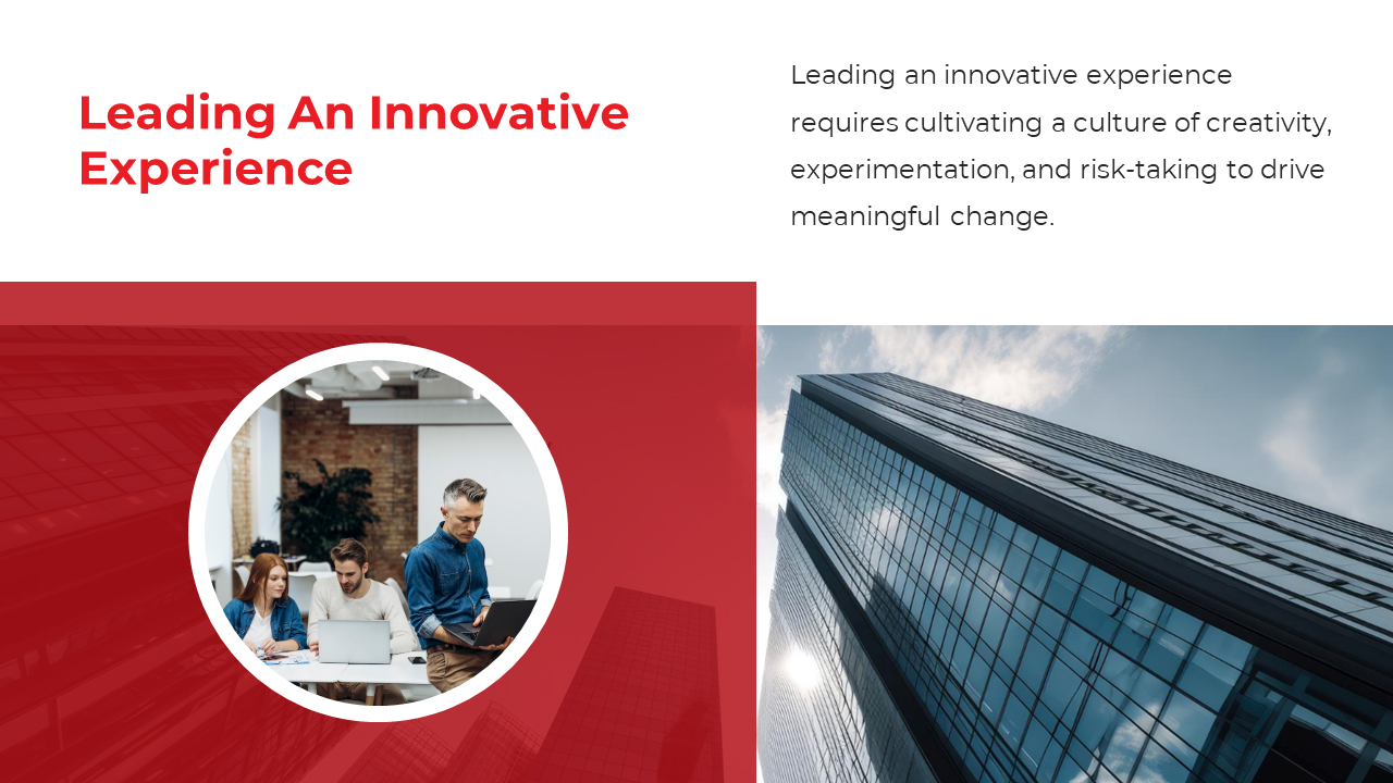 Split layout with red and white design, features a circular image of a team collaborating, and glass skyscraper on the right.