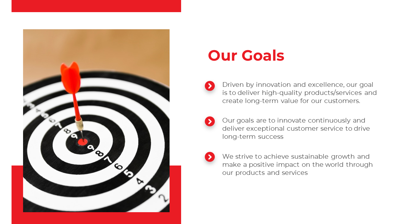 Goal oriented slide featuring a target with a red dart perfectly placed in the center and three text points on the right.
