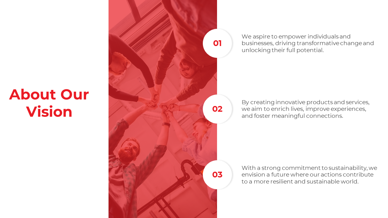 Slide with a red tinted image of smiling colleagues raising hands together, and three numbered steps on the right.