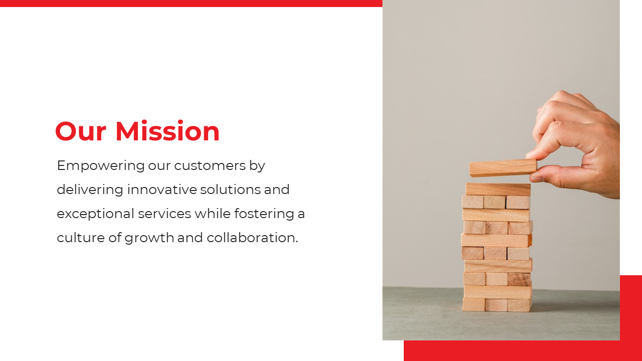 Split layout with white text section and a hand stacks wooden blocks on the right, with red accents.