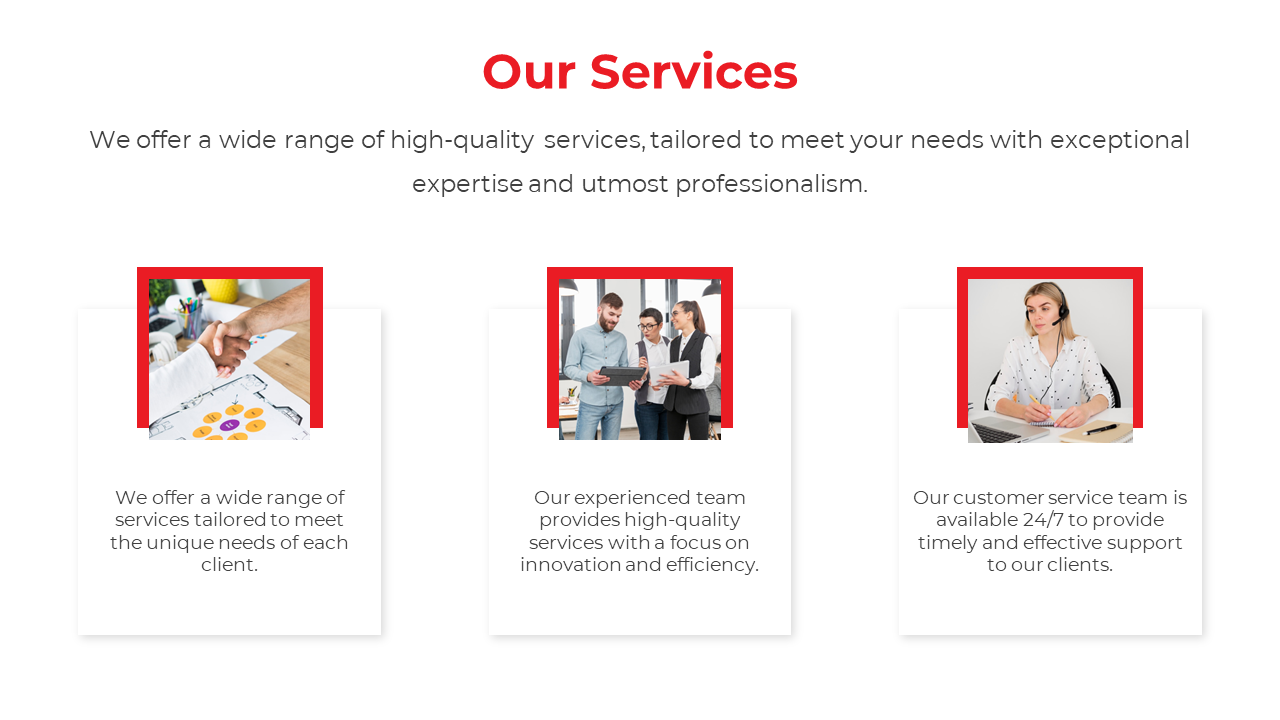 Services slide with three red framed square images, and descriptions of specialized client focused solutions.