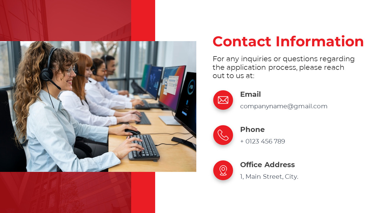 Business slide displaying customer support staff with headsets alongside company contact details in red and white.