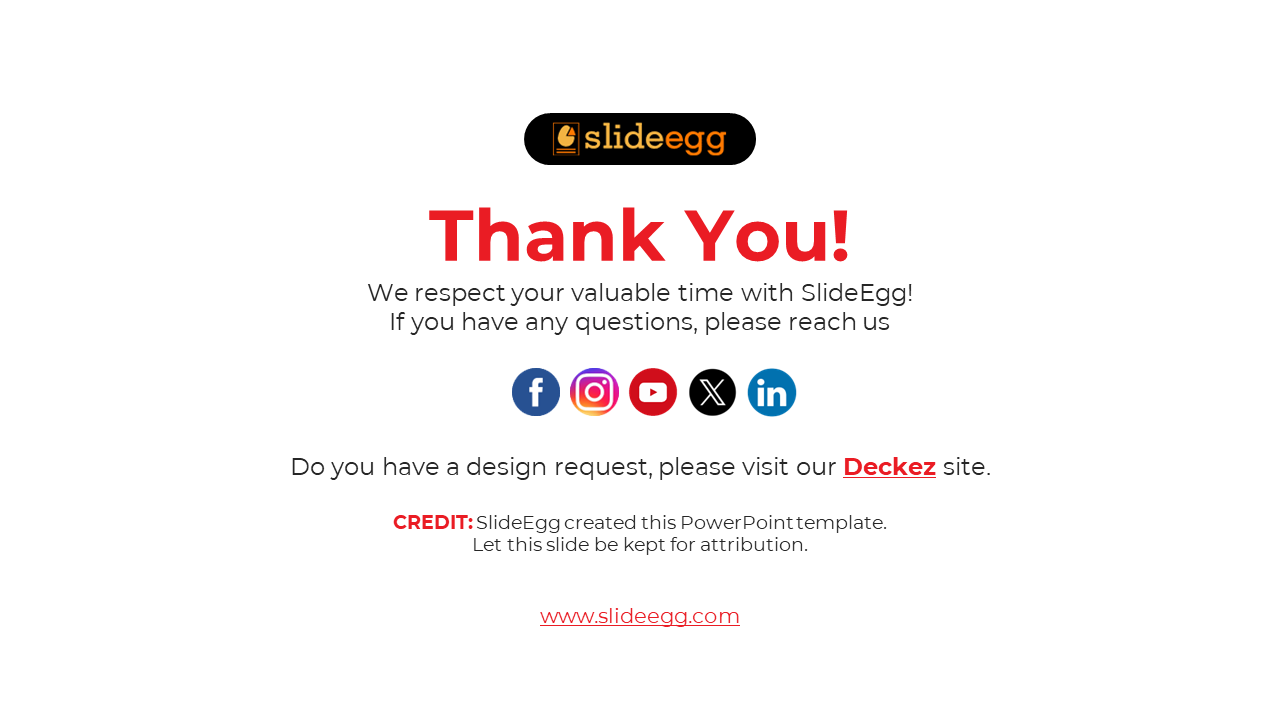 Thank you slide with a black and orange logo, red and black text, and social media icons in the center.