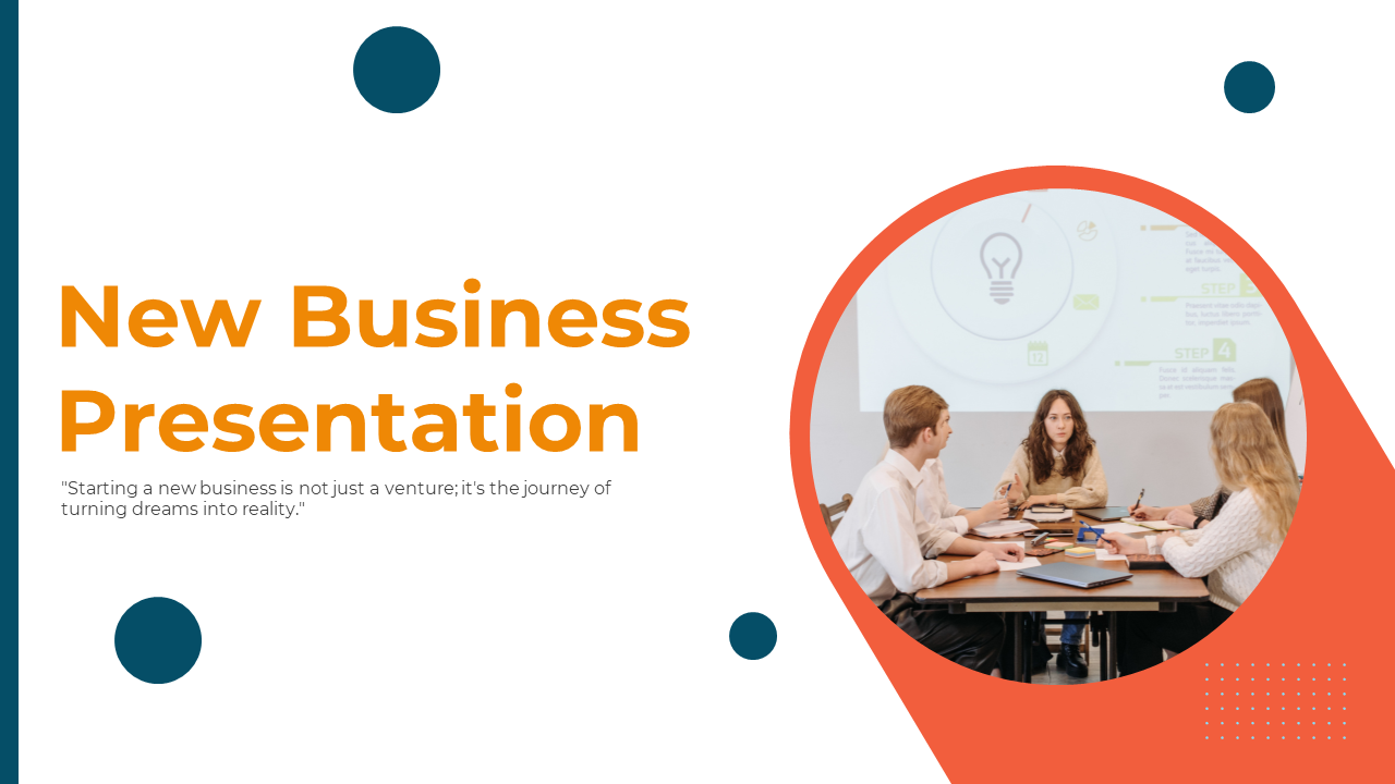 Slide featuring a curved orange frame around a meeting photo, with bold heading text and scattered blue design details.