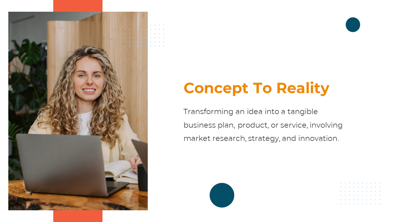 Business slide featuring a smiling woman infront of a laptop, and abstract geometric shapes in blue and orange.