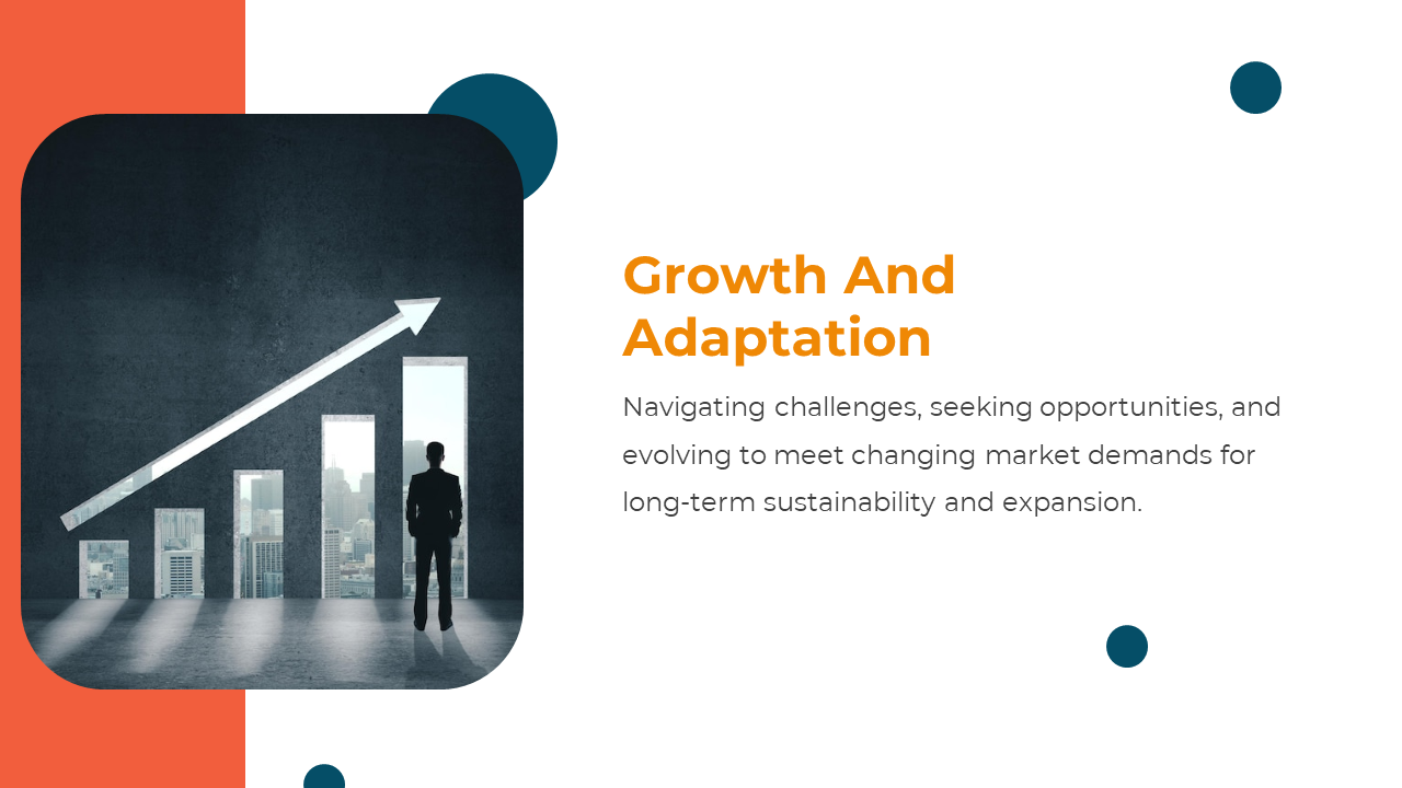 Slide with a silhouette against a dark themed rising bar graph, bold orange text and abstract blue shapes.