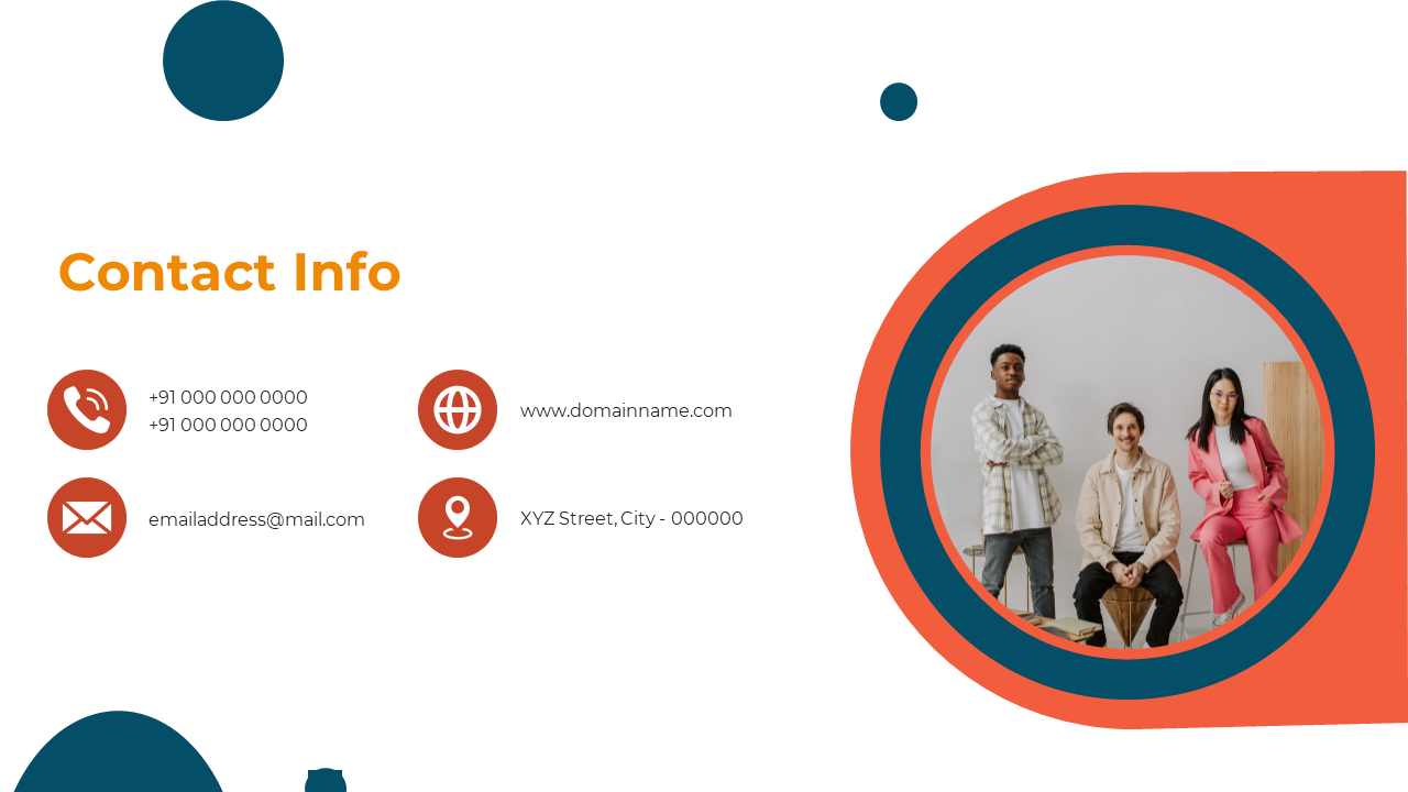 Slide with an abstract circular frame design, showcasing a team image and key contact details with orange icons.