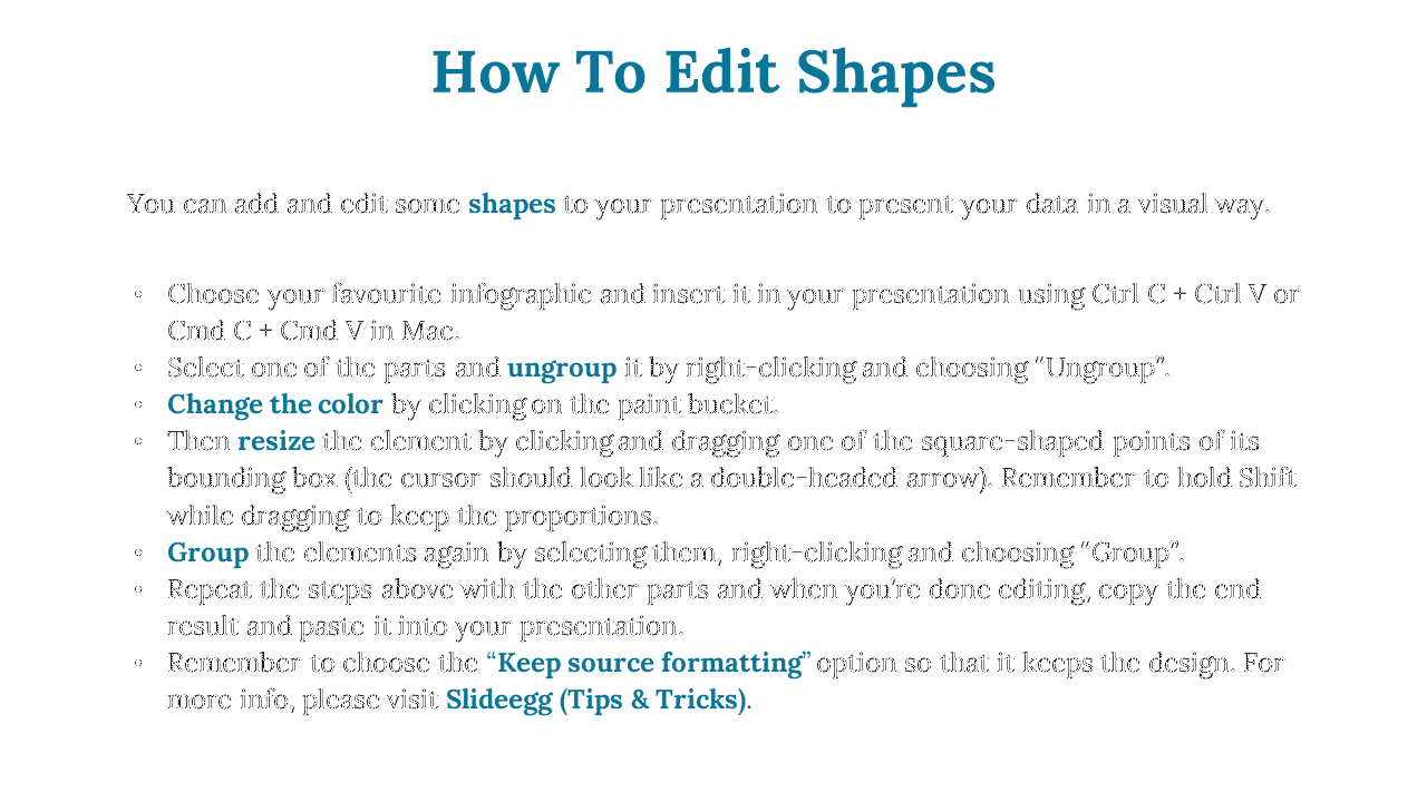 Instructional slide on editing shapes, featuring blue bold text, bullet points, and underlined links for additional tips.