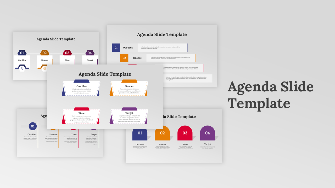 Collection of five agenda slide templates with distinct styles, featuring numbered sections and colorful designs.
