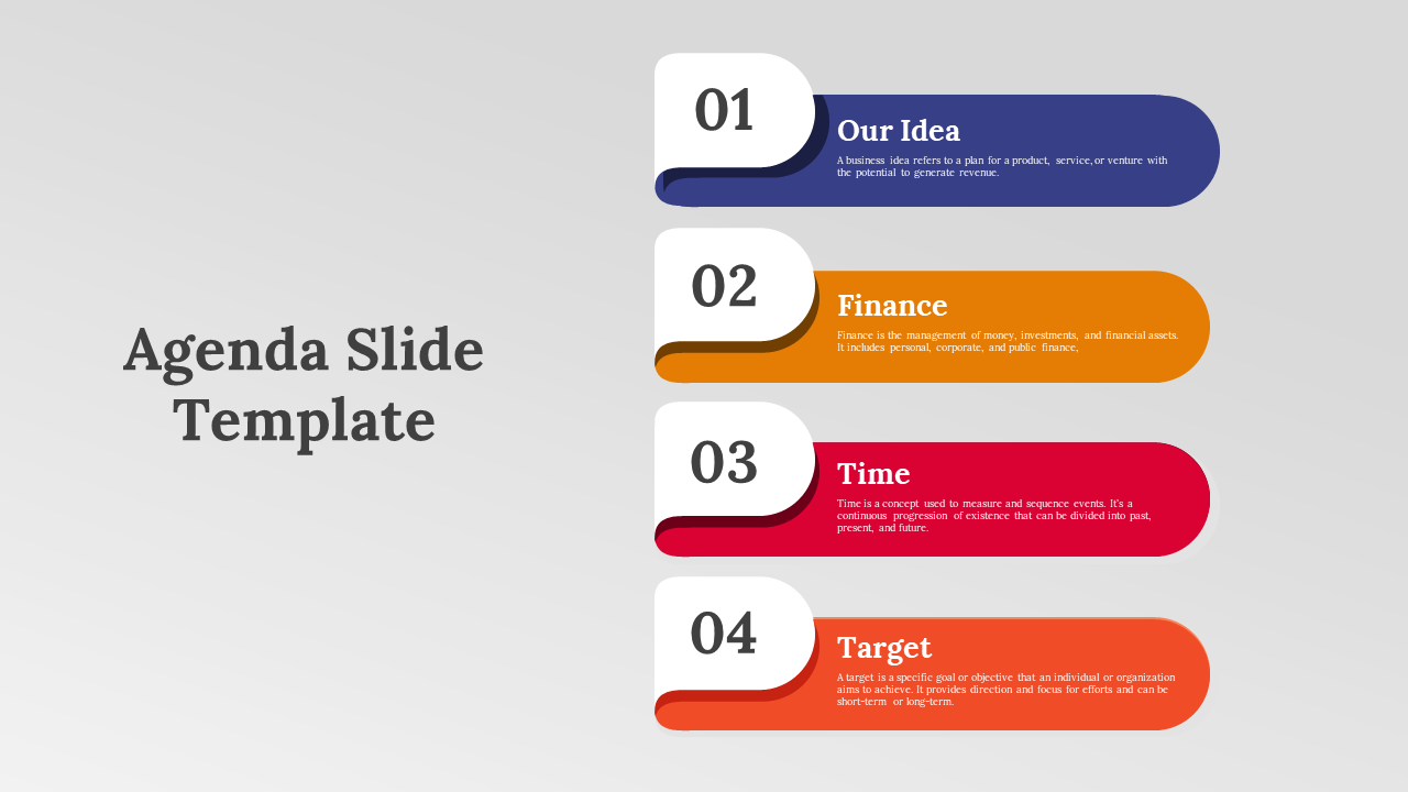 Four colorful horizontal segments in purple, yellow, red, and orange, with rounded corners and white number markers.