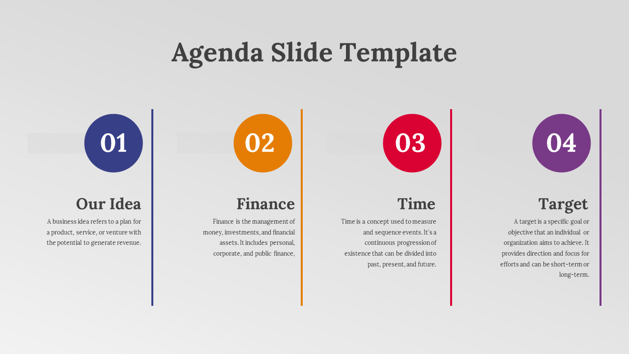 Horizontal layout with four numbered sections in blue, orange, red, and purple, with vertical lines and text below.
