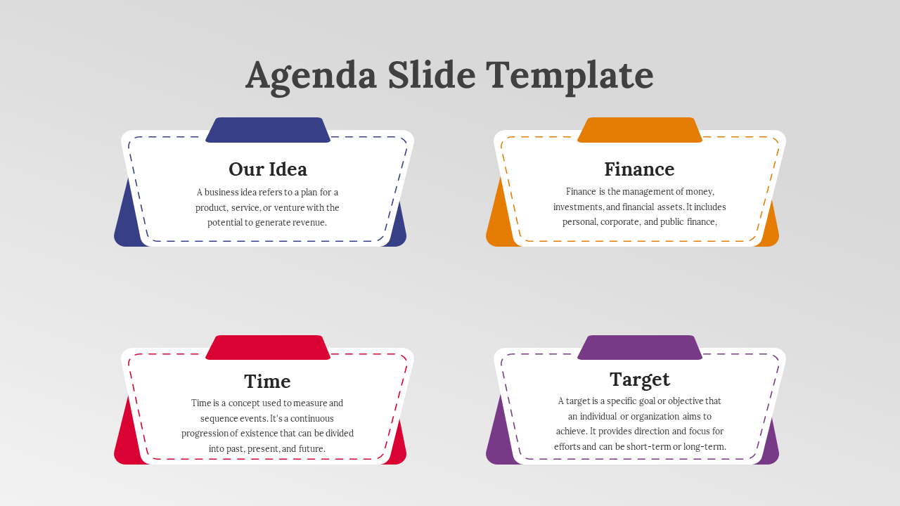 Four labeled sections with dashed outline shapes in blue, orange, red, and purple, each displaying a title and brief text.