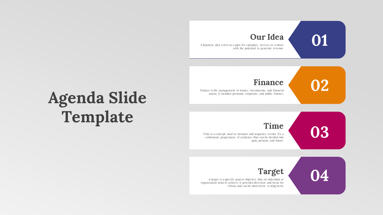 Agenda slide with four horizontal bars, each with a title, description, and a bold number in blue, orange, pink, and purple.