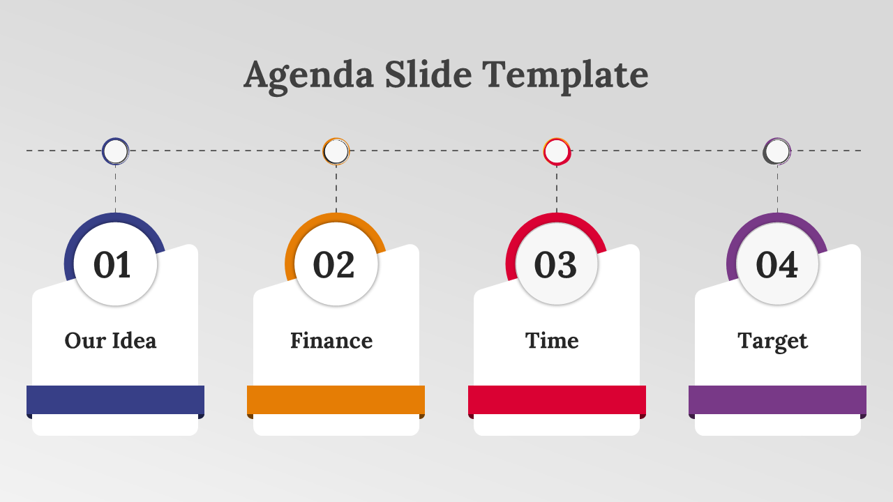 Four numbered agenda blocks in blue, orange, red, and purple, linked to a dotted line, set on a light gray background.