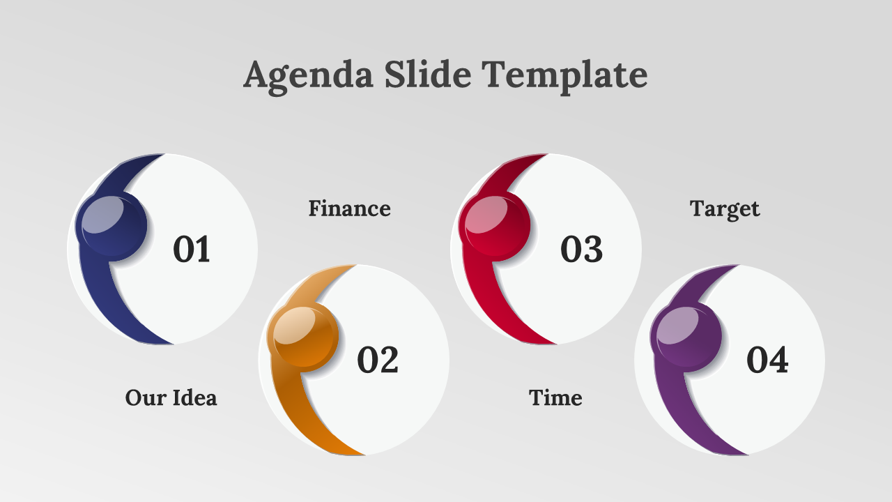 Four circular agenda elements with 3D effects in blue, orange, red, and purple, labeled with numbers and topics.