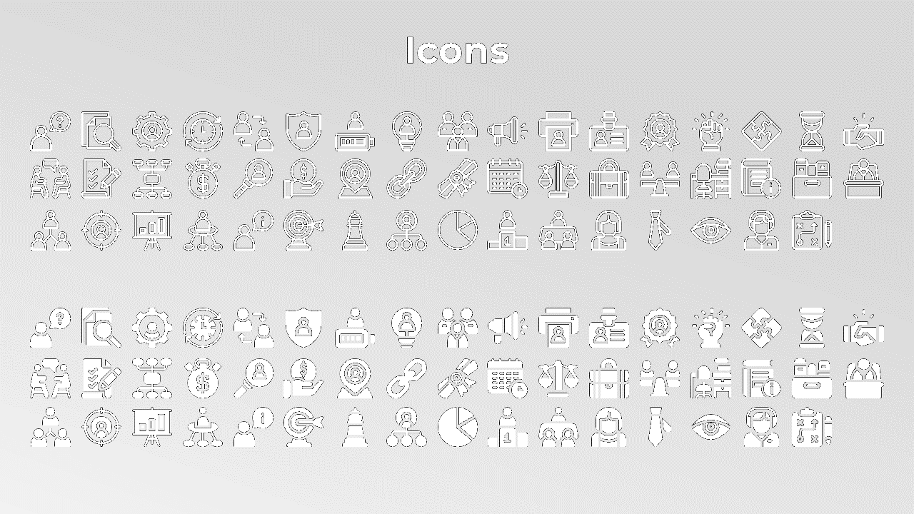 Slide with business and marketing icons, featuring an outlined and solid style contrast, arranged neatly on a gray backdrop.