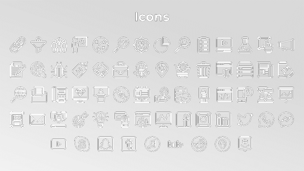 Collection of black business and social media icons arranged in rows on a gradient gray background with a bold black heading.