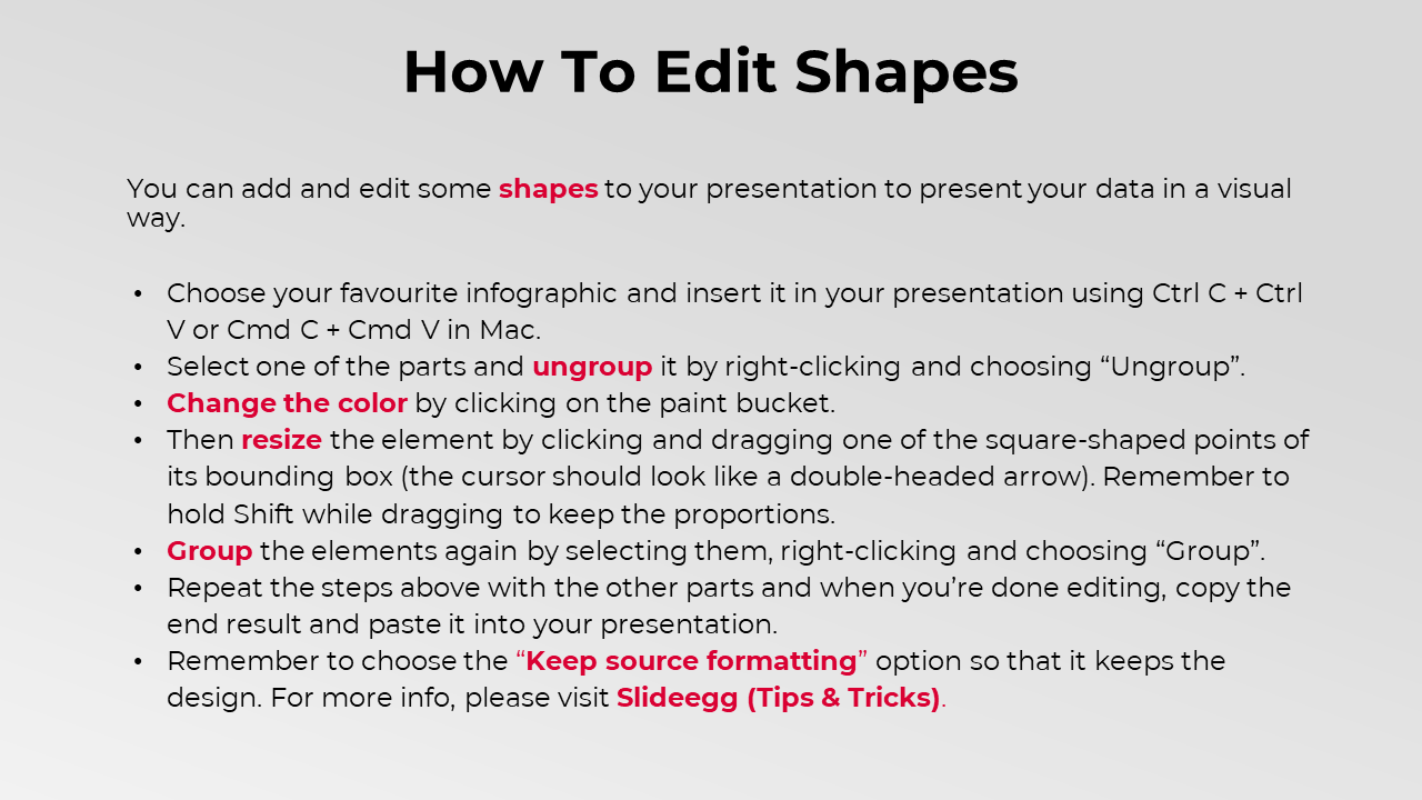 Slide with black text on a gray gradient background, red highlights, and bullet points explaining shape editing steps.
