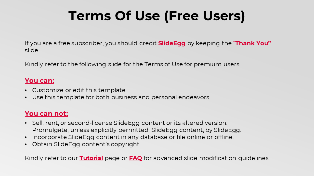 Structured terms of use slide with bold black headings, red highlighted permissions, on a gray gradient background.