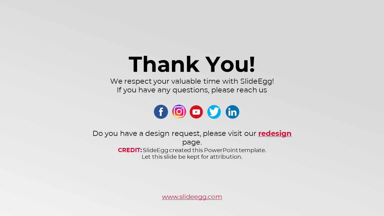 Thank you slide with black text, featuring colorful social media icons and red highlighted text.