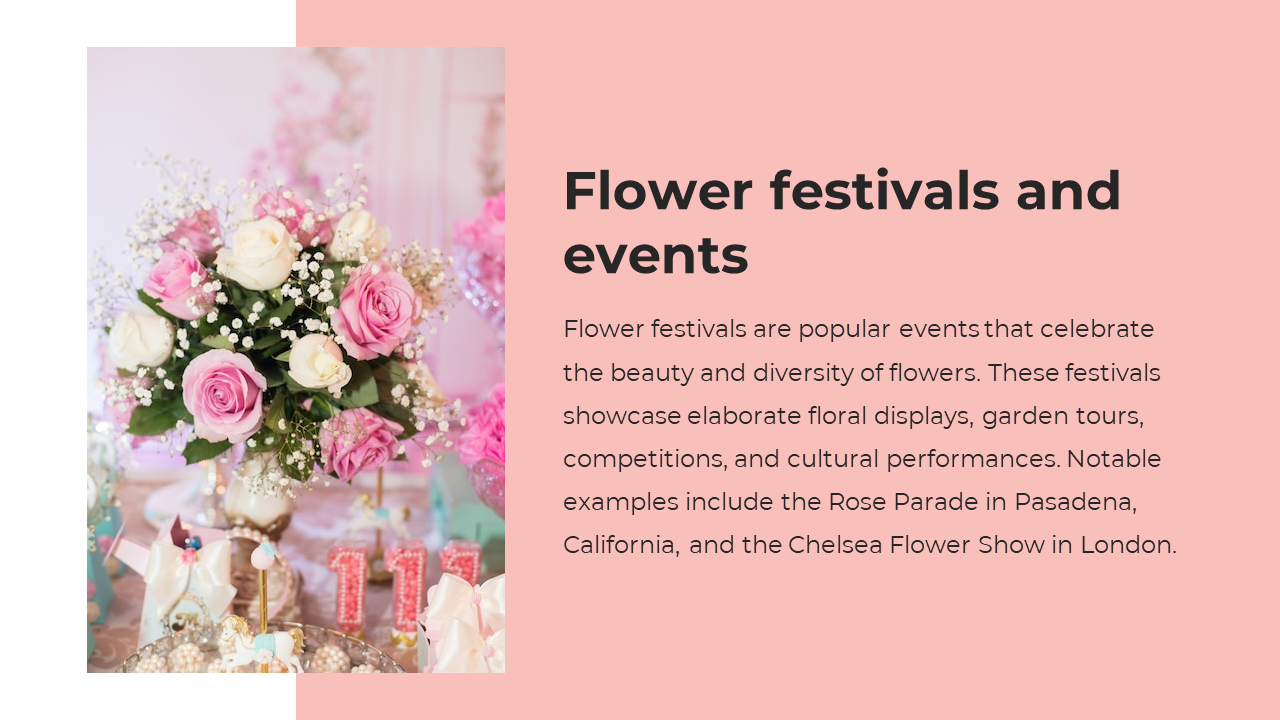 Floral themed slide with pink and white roses on the left and text on a pastel pink background on the right.