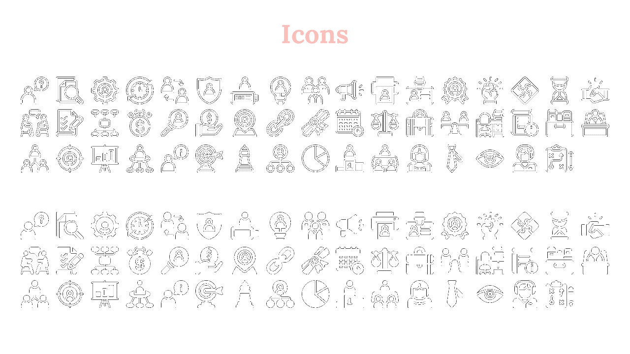 Two sections of black business and strategy icons under a soft pink heading, with outlined and bold filled style.