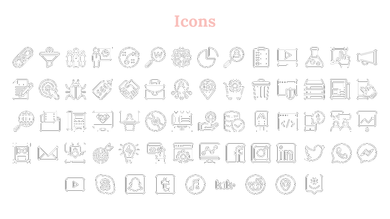 Collection of black outline icons on a white background with a soft pink heading, with business, and social media symbols.