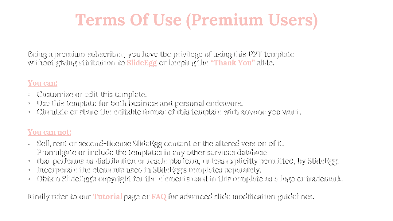 Terms of use slide with soft pink headings on a white background, listing permissions and restrictions for premium users.