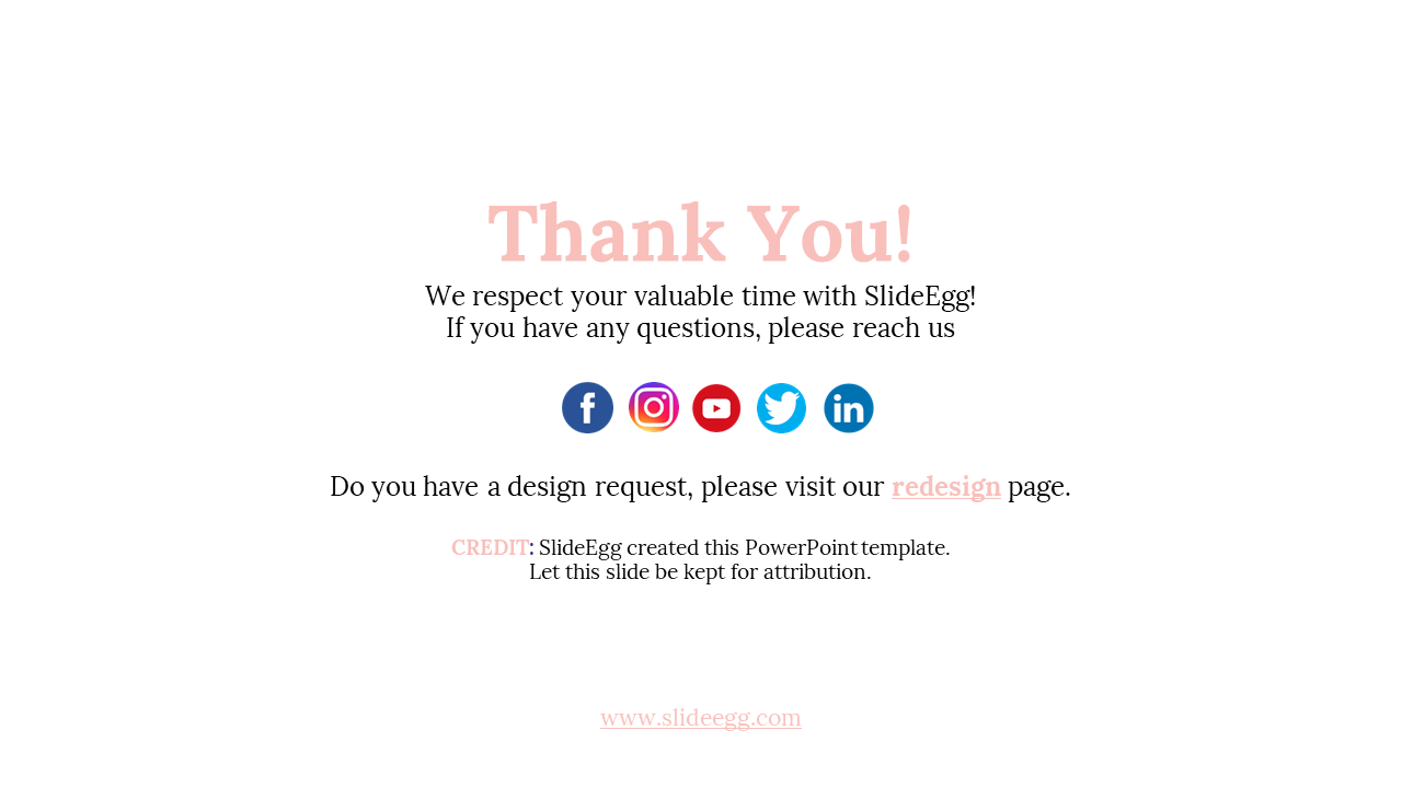 Thank you slide with soft pink text on a white background, featuring social media icons and a website link at the bottom.